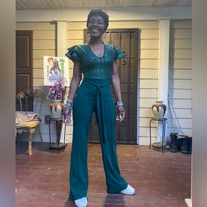 Ruffle Sleeve Sequin Wide leg belted jumpsuit romper